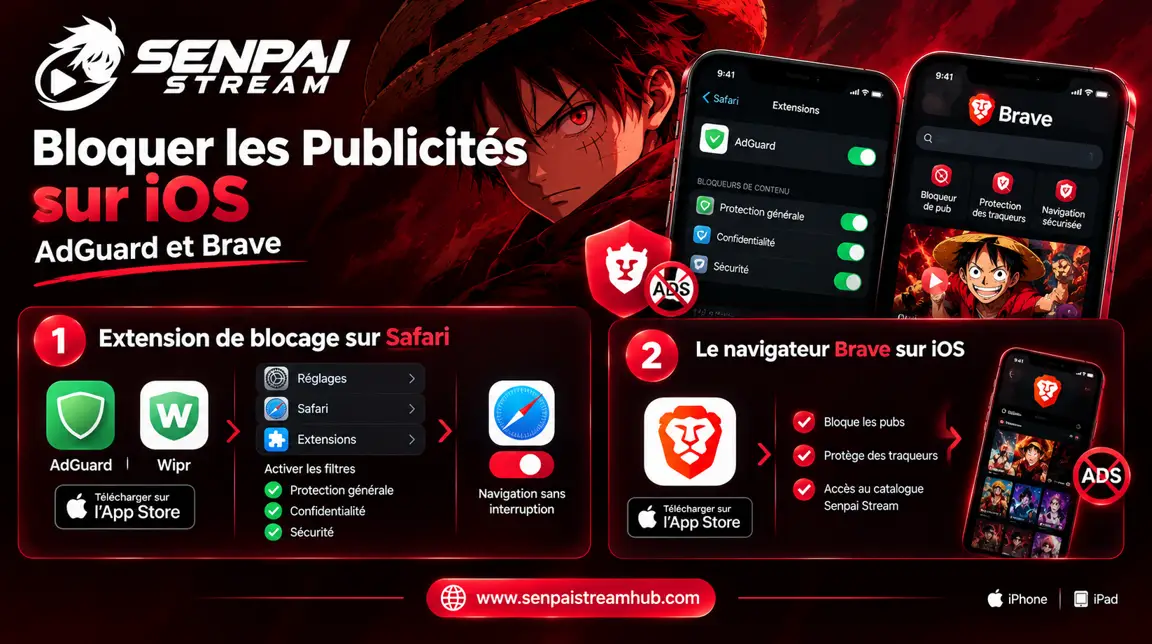Senpai Stream pour iOS 7 Configuration du bloqueur de publicités AdGuard et du navigateur Brave pour Senpai Stream sur iOS