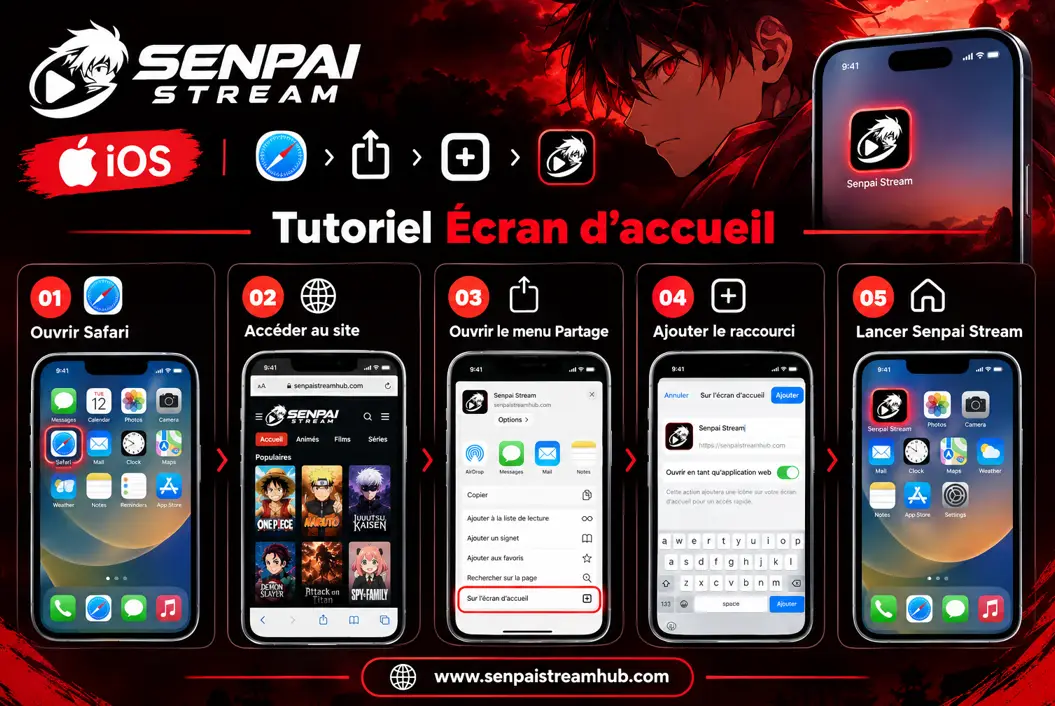 Senpai Stream pour iOS 5 Guide étape par étape pour installer Senpai Stream pour iOS via PWA Safari sur iPhone et iPad