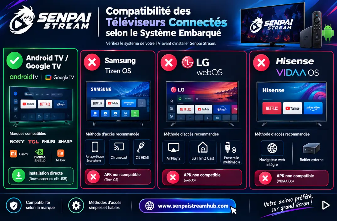 Senpai Stream sur Smart TV 5 Compatibilité des téléviseurs connectés Android TV, Google TV, Samsung Tizen et LG webOS avec Senpai Stream