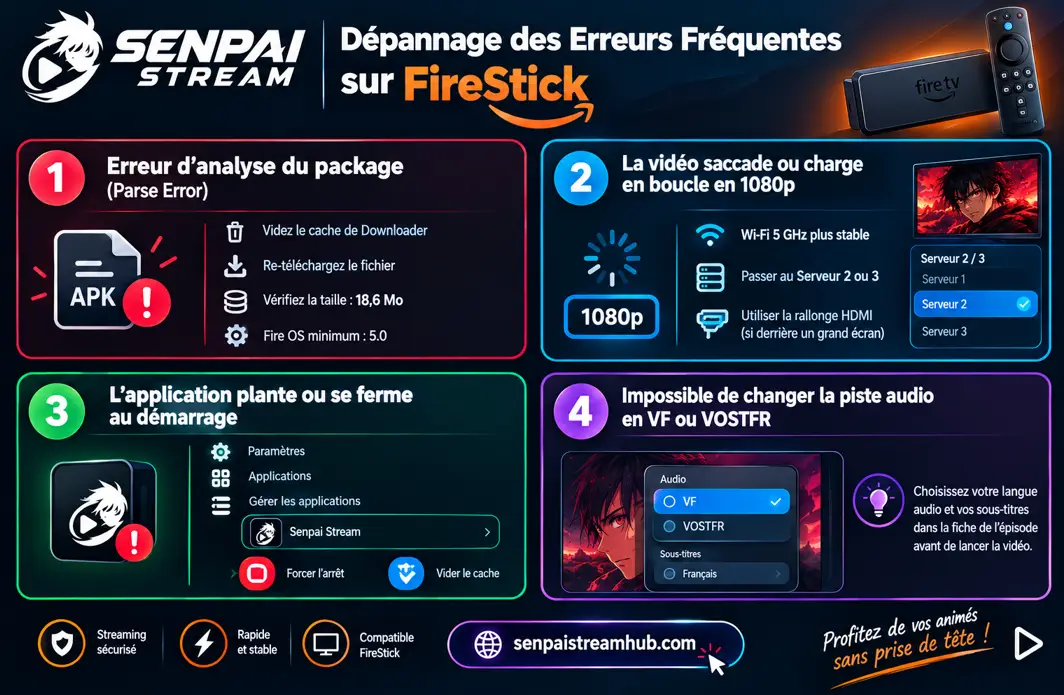 Résolution des erreurs de connexion, cache et problèmes d'installation de Senpai Stream sur Fire TV