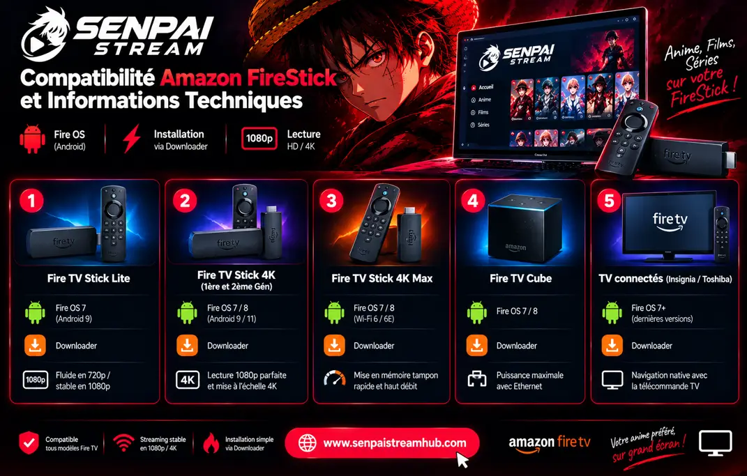 Compatibilité des modèles Amazon Fire TV Stick et Fire TV Cube avec Senpai Stream APK